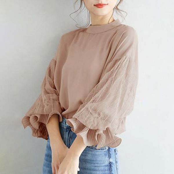 

women's blouses & shirts 2021 japanese style blouse lace solid color korean fashion round neck long sleeve loose casual summer, White