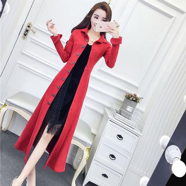 

women's trench coats autumn jacket 2021 female korean temperament long-sleeved lapel single-breasted deer suede slim long coat, Tan;black