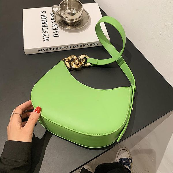 

evening bags solid color pu leather small green saddle 2021 women lady fashion thick chain shoulder handbags and purses