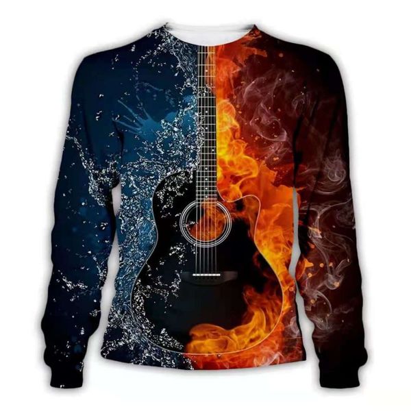 

flame guitar pattern men's 3d printed hoodie visual impact party punk gothic round neck american sweater hoodie, Black