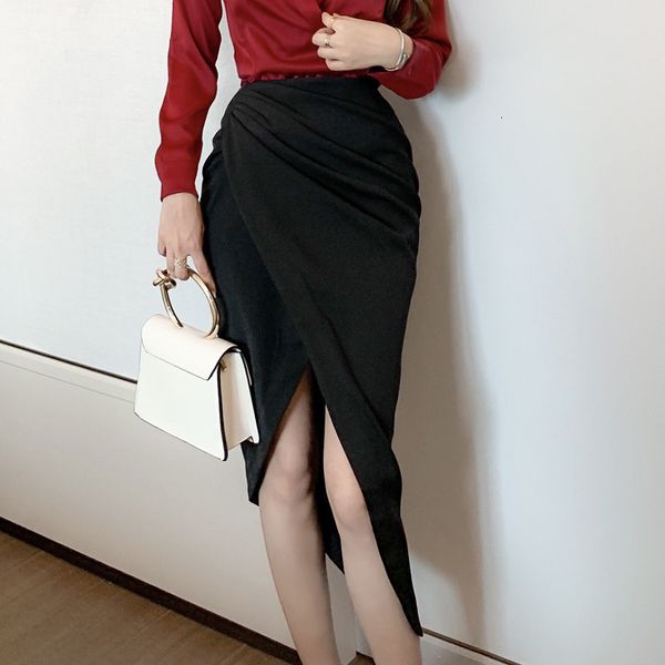 

casual dresses vintage irregular side split skirt women high waist asymmetrical pleating pencil skirts for female fashion autumn w, Black;gray