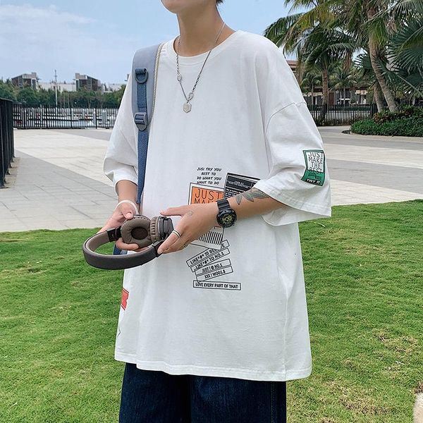 

hybskr summer men's t-shirts cotton printing short sleeve t-shirt loose casual couple 2021 fashion streetwear, White;black
