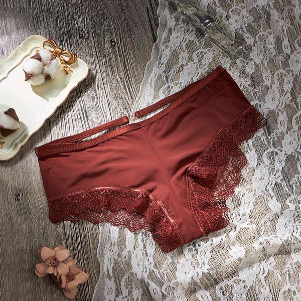 

women's panties thongs women 's underwear ladies lace briefs ice silk hollow out comfortable lingerie cross-band love clasp, Black;pink