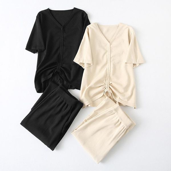 

two piece dress summer tracksuit 2 pant suits for women knit short sleeve set and wide leg pants suit outwear korean, White