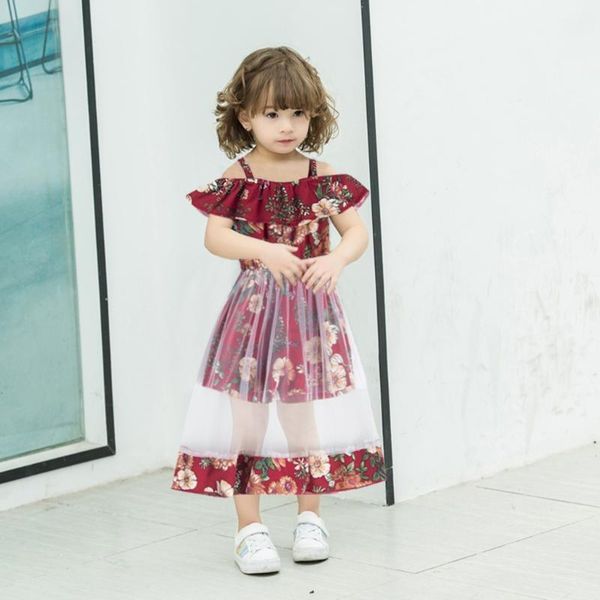 

girl's dresses summer baby girls clothing princess dress toddler kids flower vest strap floral ruffle mesh clothes 6m-3y, Red;yellow