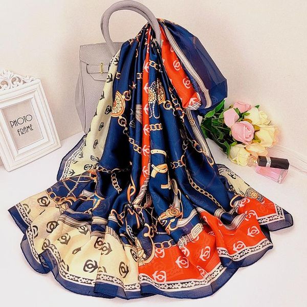 

scarves 2021 fashion summer sunscreen silk luxury 180x90cm shawls female dustproof beach towel print handkerchief, Blue;gray