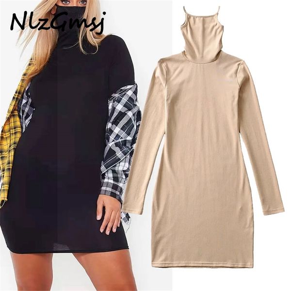 

dres summer dresses full sleeve mask neck mini bodycon clothing design style for female 210628, Black;gray