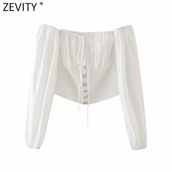 

zevity women off shoulder lace up casual slim short smock blouse female court style shirts chic blusas ls7622 210419, White