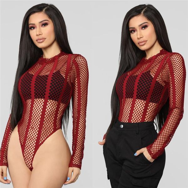 

women's jumpsuits & rompers women bodysuit bodycon jumpsuit romper leotard blouse playsuit long sleeve mesh fishnet hollow our, Black;white