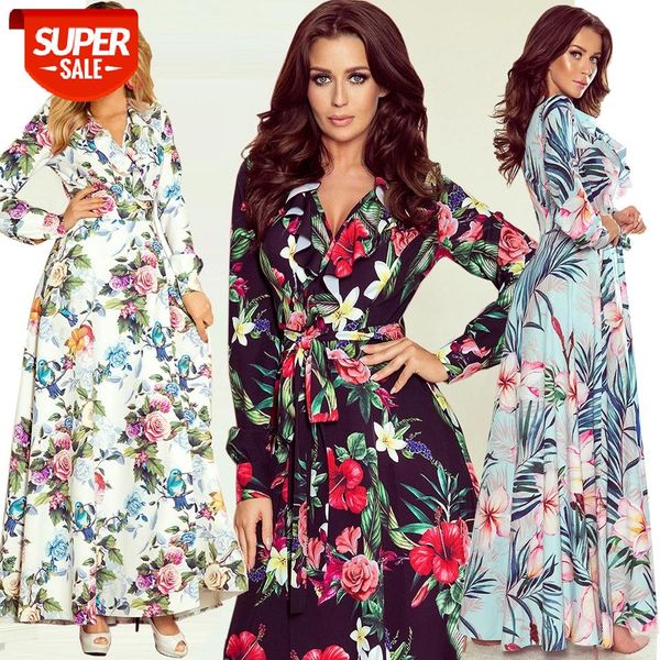

women's fashion bohemian dress long sleeve v-neck lace-up sash bow floral printed casual summer autumn #eu2y, White;black