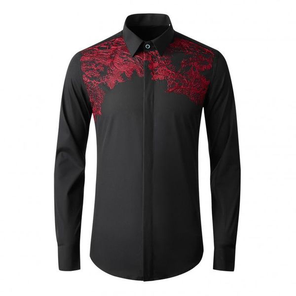 

men's casual shirts red pine forest embroidery mens luxury long sleeve chinese style party dress slim fit man shirt, White;black