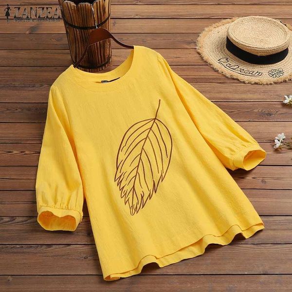 

women's blouses & shirts 2022 autumn cotton blusa vintage solid 3/4 sleeve blouse womens embroidered fashion casual loose o neck, White