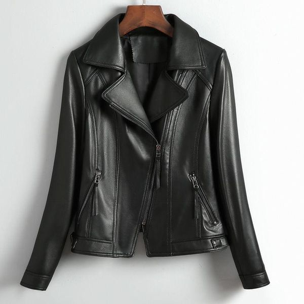 

women's leather & faux genuine jacket women clothes 2021 korean women's short coat vintage spring autumn real sheepskin plus size y, Black