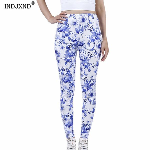 

women's leggings indjxnd white blue leaves print fitness push up women clothing high waist pants workout running street tights bottom, Black