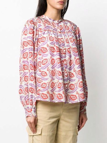 

[elfstyle] - woman vintage floral print silk shirt mandarin collar long blouson sleeves fashion blouse front buttons women's blouses &, White