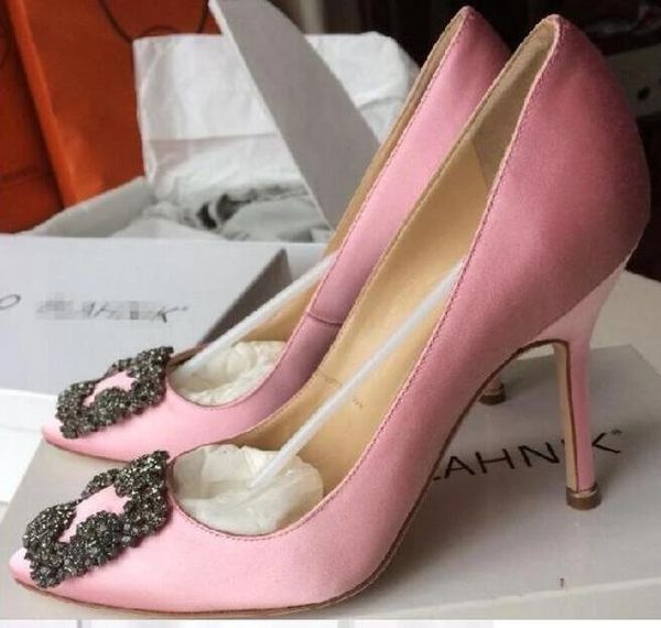 

brand mb pumps women high heel shoes 8  6cm spring pointed rhinestone square buckle satin women's wedding 35-42 dress, Black