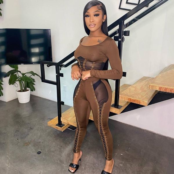 

women's two piece pants midnight style 2 matching set clothing sheer mesh lace up long sleeve crop see through pencil legging outfits, White