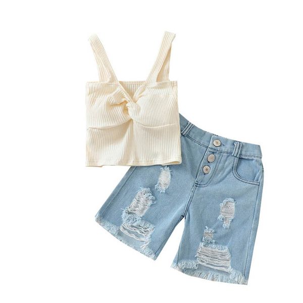 

kids clothing sets girls outfits baby clothes children suits summer children's wear tank vest hole denim shorts jeans pants 2pcs b7595, White
