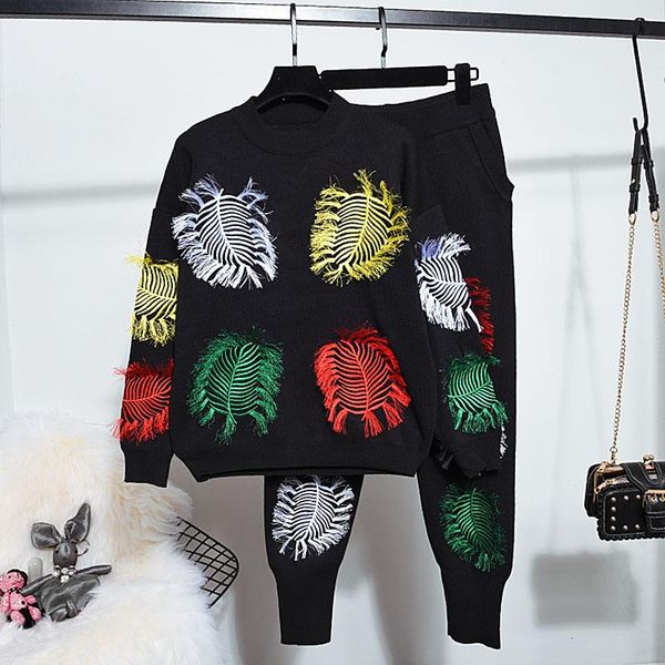 

women's two piece pants 2021 autumn set women feather embroidery tassel loose knitted trouser jumper +harlan little feet outfits, White