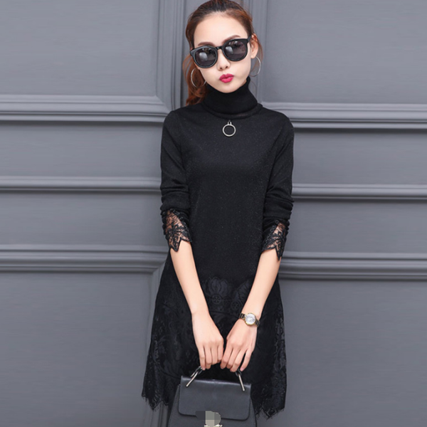 

casual dresses winter basic wear velvet warm women long sleeve slim ladies army green black lace turtleneck tunic dress da265, Black;gray