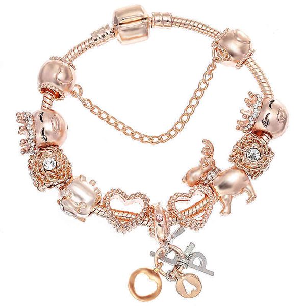 Seialoy pulseira de ouro rosa pulseiras para mulheres princesa elk grânulo feliz charme pulseiras jóias ajuste menina casal amizade jóias gi276y