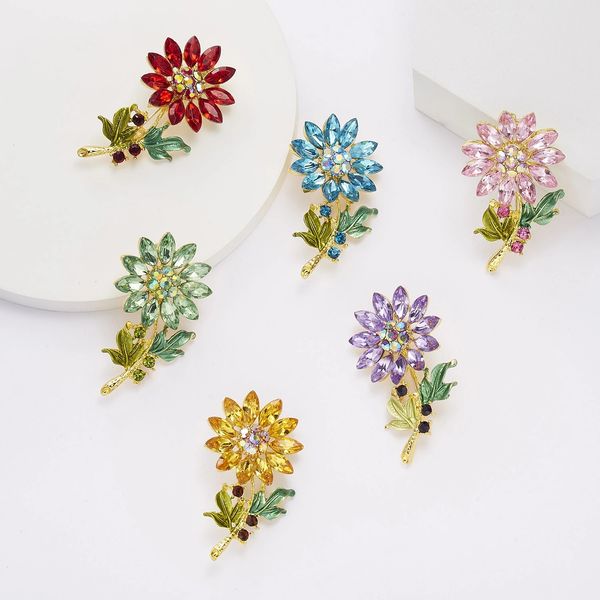 

colorful crystal flower brooches for women elegant fashion rhinestones sunflower plant brooch pin wedding jewelry high quality, Golden;silver