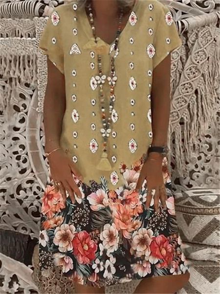 

casual dresses big size dress women summer loose short sleeve flowers printed plus clothing, Black;gray