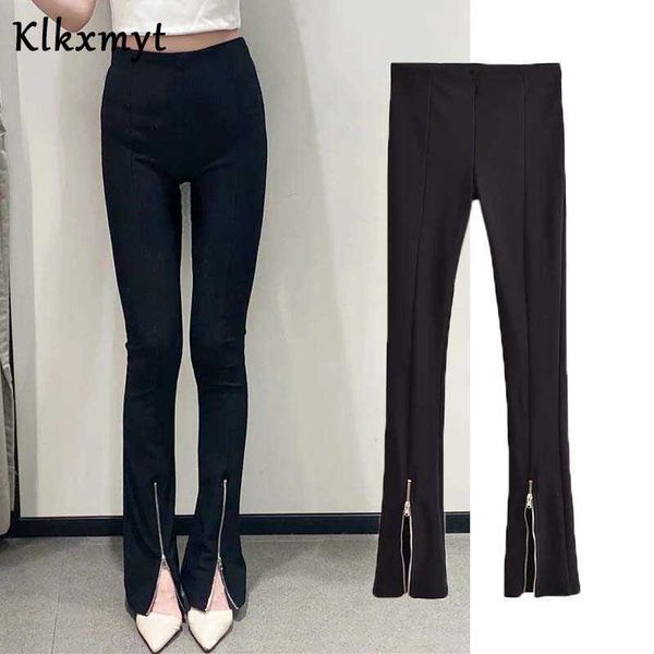 

klkxmyt za pants women chic fashion zipper hems skinny black vintage high elastic waist female trousers mujer 210527, Black;white