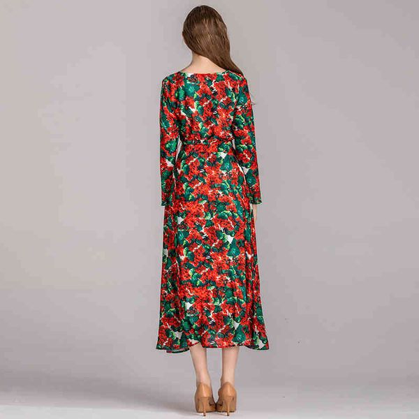 

dress seqinyy long 2021 spring fashion design red hydrangea printed neckline v elegant female, Black;gray
