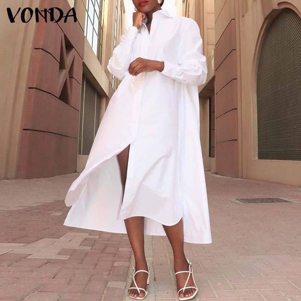 

casual dresses vonda autumn shirt dress lapel button down long bohemian vestidos femme sleeve irregular hem robe oversized, Black;gray