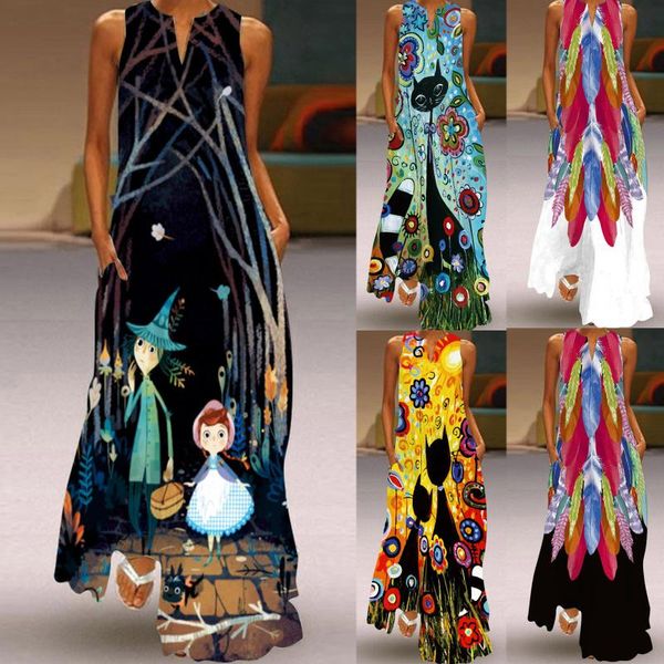 

casual dresses 2021 fashion printing summer dress boho beach women v-neck sleeveless pocket large size long vestidos, Black;gray