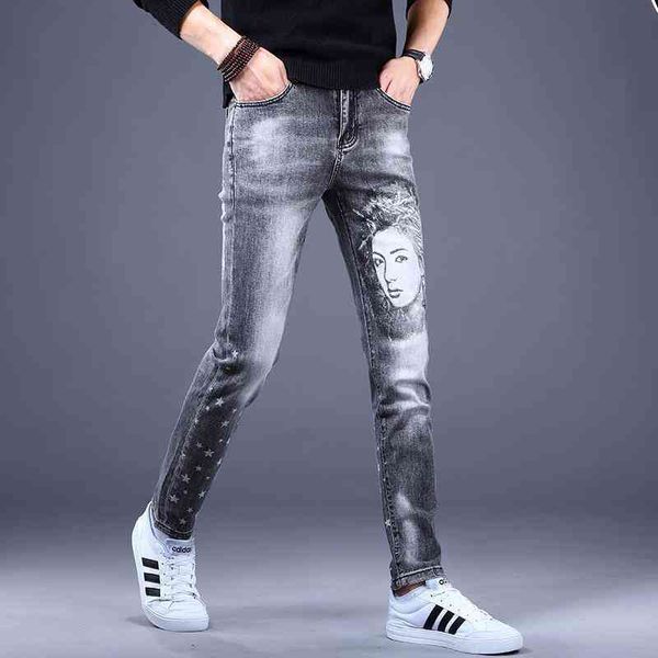 

men's printed jeans pants fashion brand slim fit small feet casual embroidered spring and autumn, Blue