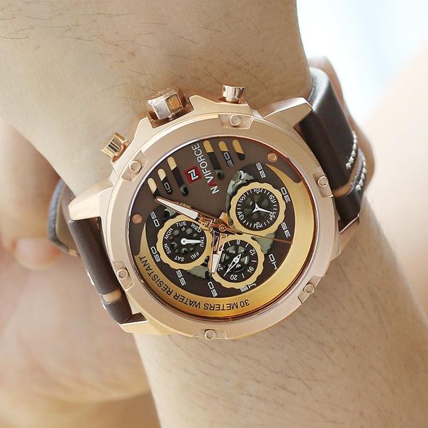 

wristwatches naviforce men sport watches men's quartz digital analog clock man big leather wrist watch 2021, Slivery;brown