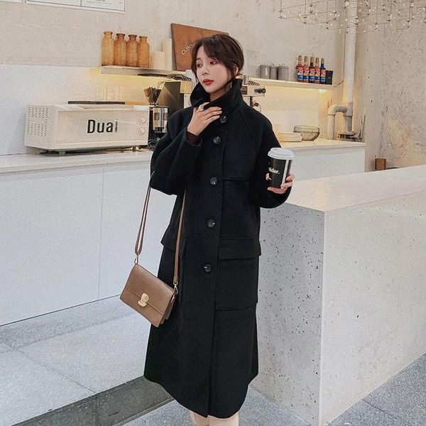 

women's wool & blends women autumn winter fashion solid long coats chic lady casual sleeve single breated warm loose jacket outwear l10, Black