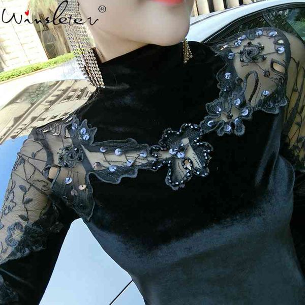 

women's t-shirt fall winter european clothes pleuche t-shirt transparent shiny beads women ropa mujer bottoming shirt te, White