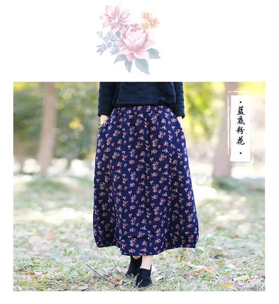 

skirts winter vintage thicken flowers print skirt saia, Black