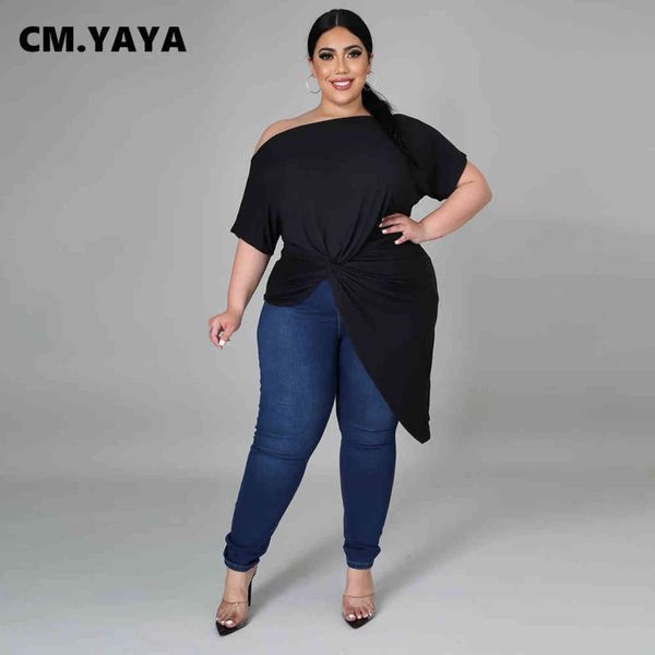 

cm.yaya women t-shirts plus size l-5xl solid skew collar short sleeve asymmetrical long t-shirts female casual street tee 211116, Black