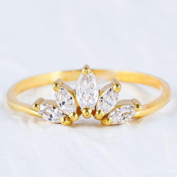 

wedding rings tiara & crown dainty gold filled band ring marquise cut zircon flower women fashion jewelry gift, Slivery;golden