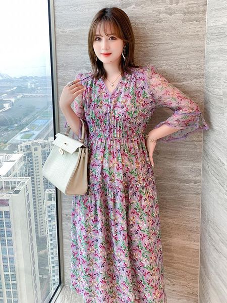 

casual dresses lace v-neck flared sleeve print skirt dress 2021 summer pattern, Black;gray