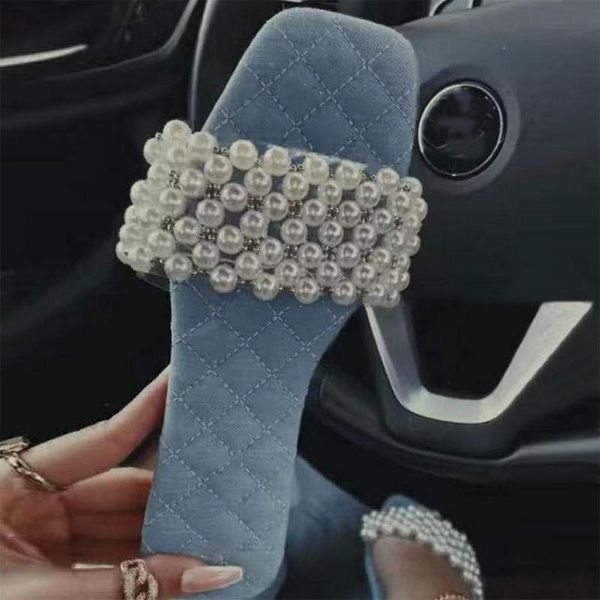 

slippers summer women pearl flat sandals solid color open toe outdoor woman shoes 2021 fashion casual plus size 43, Black