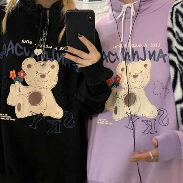 

men's hoodies & sweatshirts kawaii little bear cartoon women pattern harajuku ullzang streetwear cross letter 90s fashion hoody graphic, Black