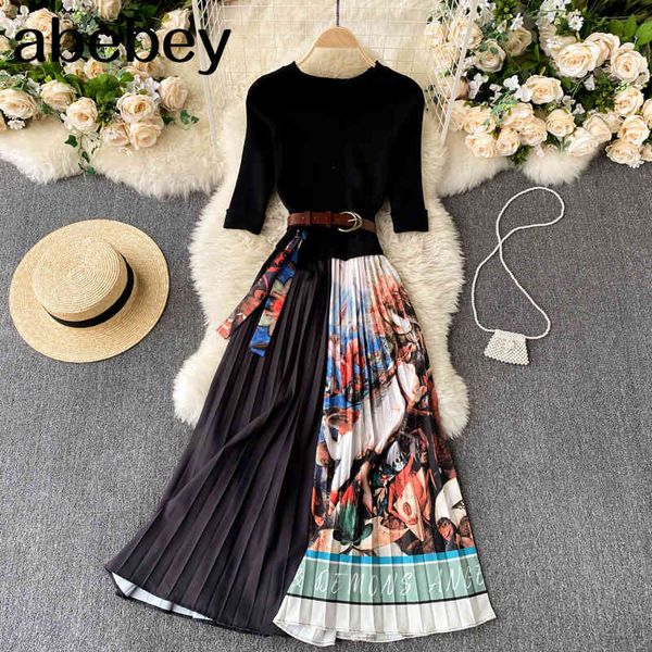 

women design print pleated dress o neck short sleeve sashes splice a-line es summer casual streetwear midi 210512, Black;gray