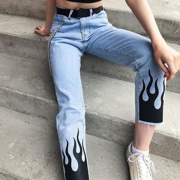 

women's pants & capris style street flame print fall casual jeans, Black;white