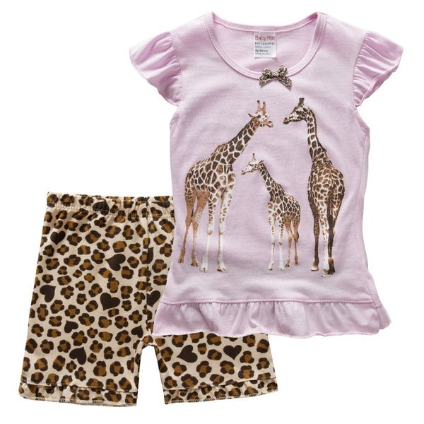 Giraffa Neonate 2 pezzi Vestiti Abiti Estate Bambini Pigiama Set Leopard Girl T-Shirt Pantaloni corti Camicette di cotone Abiti 210413