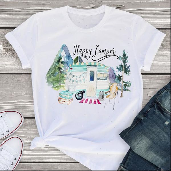 

women graphic t shirt short sleeve summer cartoon camper vacay travel lady tees clothing female womens, White