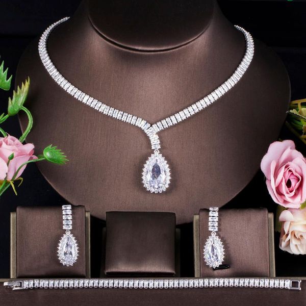 

earrings & necklace threegraces 3pcs luxury shiny cubic zirconia geometric bracelet bridal wedding jewelry set for brides t0637, Silver