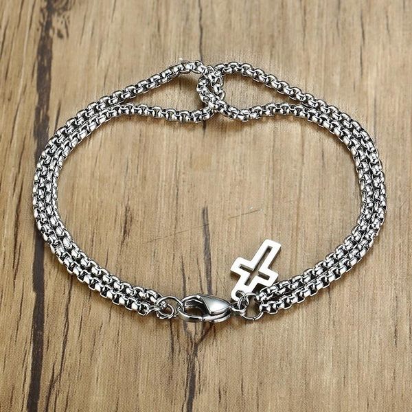 

link, chain trendy rock style cross double hollow pendant lobster clasp party bracelet for men, Black