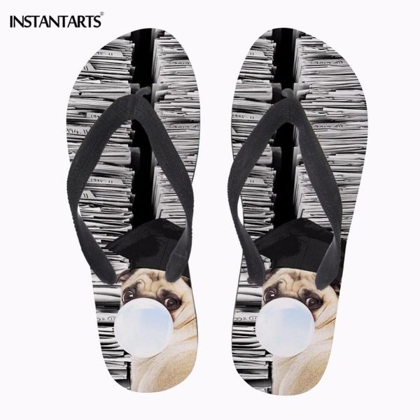 

slippers instantarts cute pug dog flip flops women fashion design home beach summer women's casual outside slipper flats shoes, Black