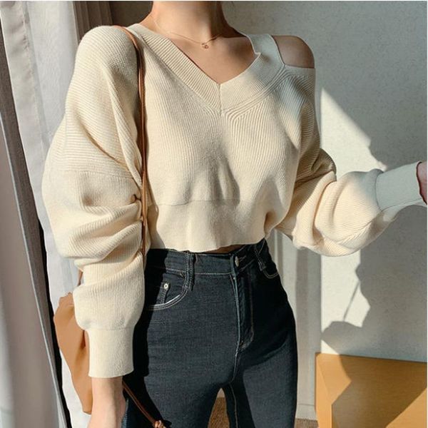 

women's sweaters autumn / winter 2021 knitted pullover korean version of bat sleeve long short sweater v-neck, White;black