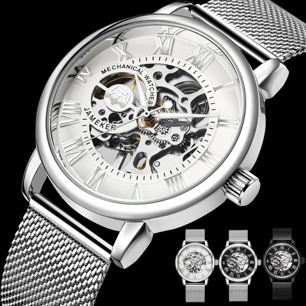 

wristwatches men luxury skeleton self hand wind automatic mechanical watches silver stainless steel waterproof wrist reloj hombre, Slivery;brown